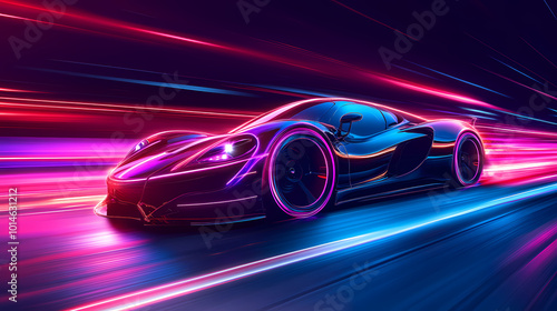 Vector illustration.port car of the future. Concept of neon. A virtual control system that glows. Road traffic. Background for interfaces, logos, banners.