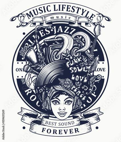 Music art. African American young funky woman. T-shirt design. Template for posters, textiles, apparels. Creative print for clothes. Hippie musical girl, saxophone, guitar and retro rainbow boom box