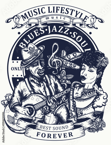 Blues music. Template for posters, textiles. Musical art. Beautiful black jazz woman, saxophone. Retro musical legend.Template for posters, textiles, apparels and t-shirt design