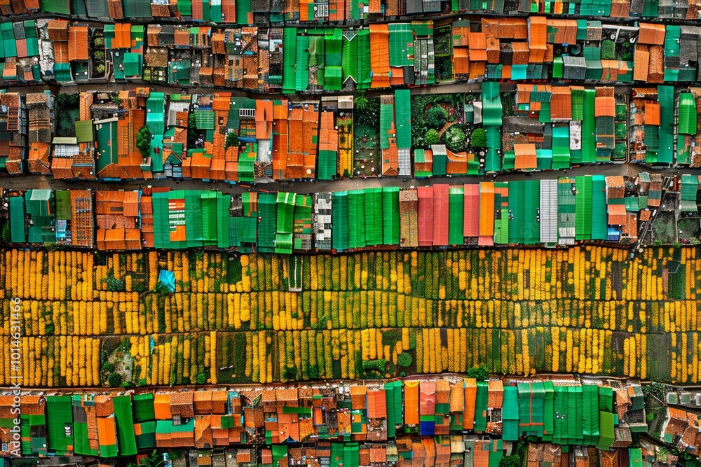 An aerial view of a vibrant town with colorful rooftops and a field of yellow flowers. An aerial view of a vibrant town with colorful rooftops and a field of yellow flowers.