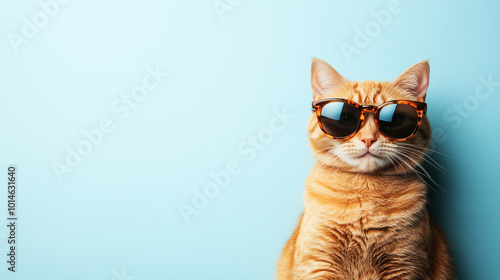 Rudy kot noszący okulary przeciwsłoneczne na tle jasnego cyjanowego koloru.  © Sawyer0