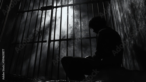 A dramatic black-and-white image showing the silhouette of a man sitting in a dimly lit prison cell, conveying themes of isolation and despair.


