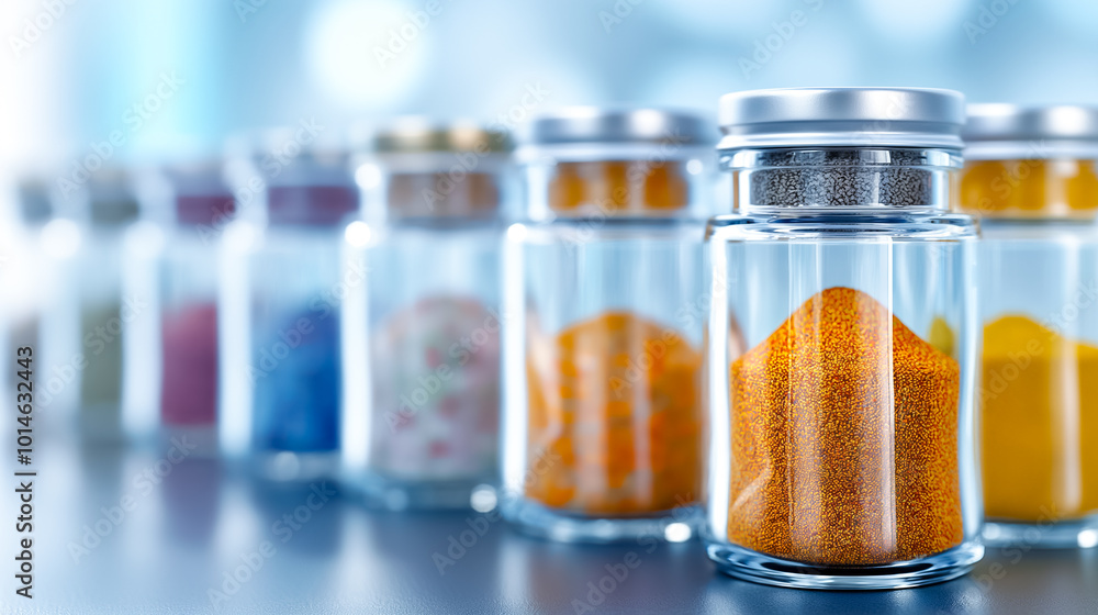 Various spices are contained in clear glass jars, each showcasing unique colors and textures. The jars are aligned neatly on a kitchen counter, illuminated by soft natural light Various spices are contained in clear glass jars, each showcasing unique colors and textures. The jars are aligned neatly on a kitchen counter, illuminated by soft natural light