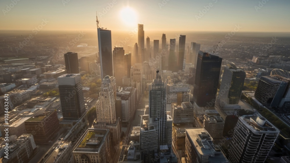 Fototapeta premium Sunlit Urban Skyline with Striking Architectural Contrasts