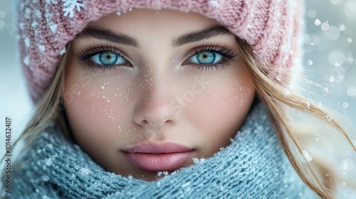 Beautiful Woman in Pink Winter Hat with Snowflakes and Blue Scarf, Winter Bokeh Background, Ample Space for Text or Advertising 