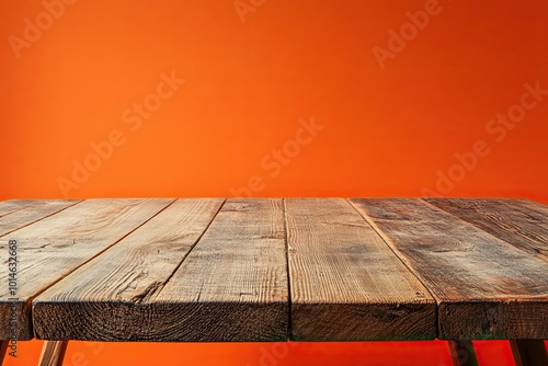 Empty wooden table on abstract orange background for product presentation, copy space. 