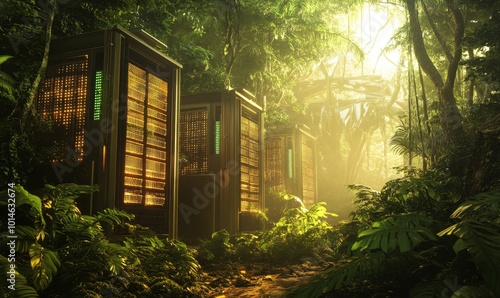 Fototapeta Naklejka Na Ścianę i Meble -  Servers hidden in a jungle clearing.