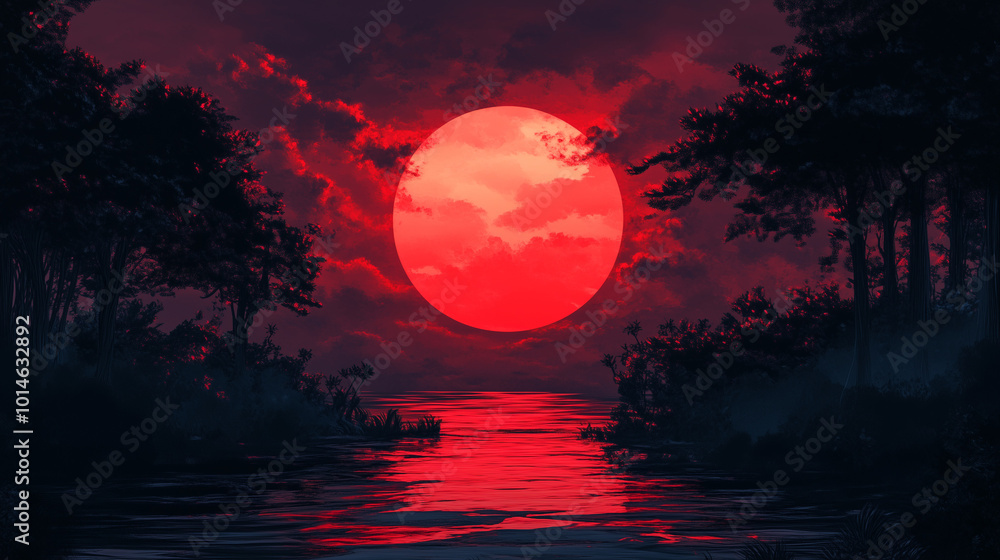 Fototapeta premium Zachód słońca w intensywnych czerwonych barwach tworzy hipnotyzujący widok nad horyzontem.