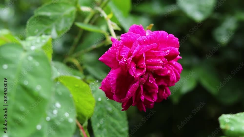 Rain falling on pink wild rose leaving water droplets on leaves and blossom Rain falling on pink wild rose leaving water droplets on leaves and blossom