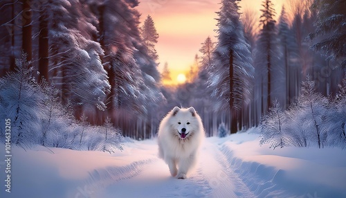 Fototapeta Naklejka Na Ścianę i Meble -  dog in winter, A small white dog sits on the snowy ground, enjoying the winter scene