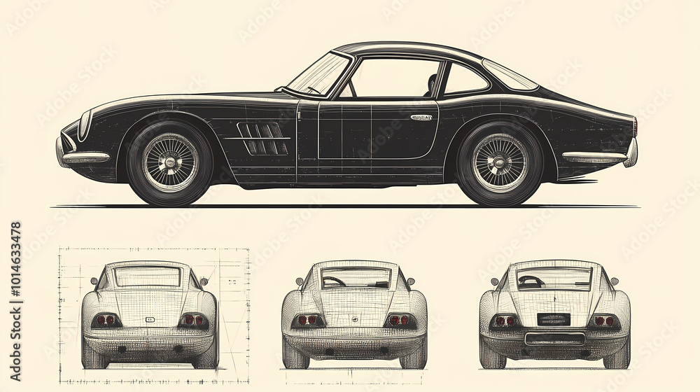Retro sport car. Hand drawn car front back top and side view. Vector illustration Retro sport car. Hand drawn car front back top and side view. Vector illustration
