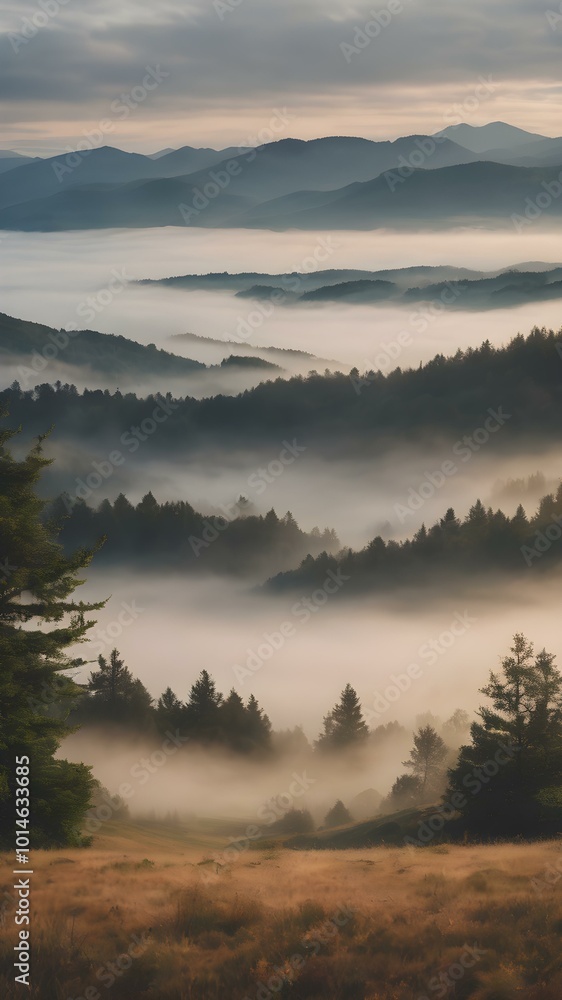 Fototapeta premium A foggy morning sky with thick clouds hanging low, shrouding distant hills and creating a peaceful, quiet scene 