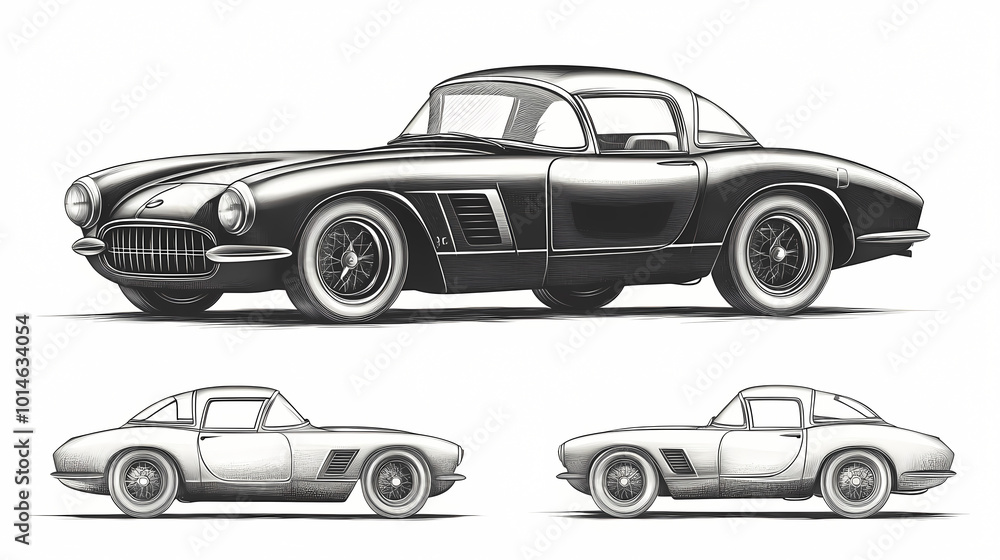 Retro sport car. Hand drawn car front back top and side view. Vector illustration Retro sport car. Hand drawn car front back top and side view. Vector illustration