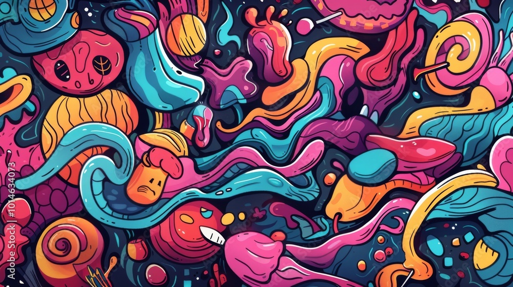 A vivid and dynamic abstract artwork featuring a variety of colorful shapes and patterns, creating an energetic and lively visual experience.