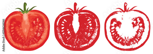 vector drawings of tomato halves. suitable for designing tomato soup labels, juice, price tags and stickers