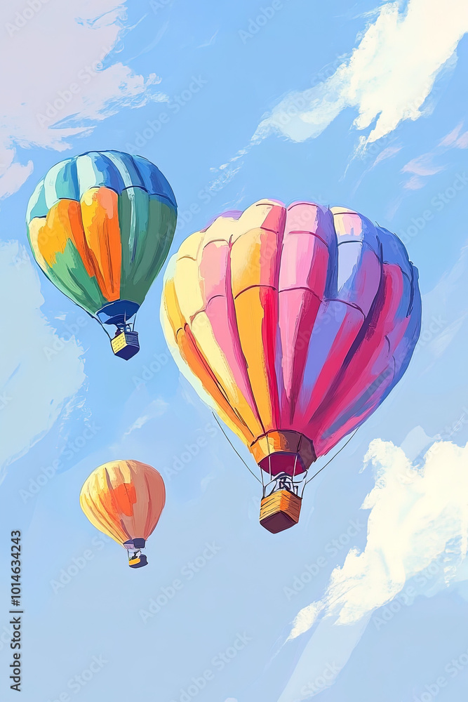 Fototapeta premium colorful hot air balloon in blue sky background, watercolor illustration