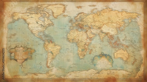 A vintage world map with old ornaments and display settings, symbolizing travel or adventure