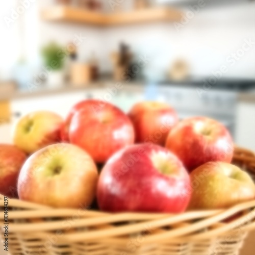 Sweet, red apples in a basket, a healthy and natural fruit in the blurred kitchen