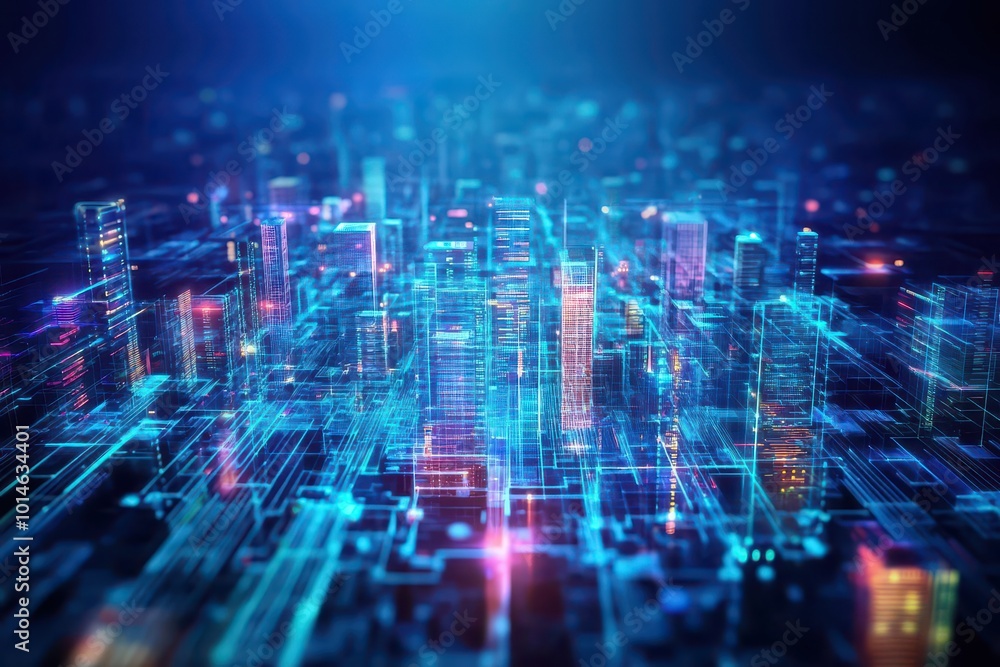 Obraz premium Aerial view of a sprawling metropolis, modern architecture, flowing holographic data across buildings, digital art, vibrant colors