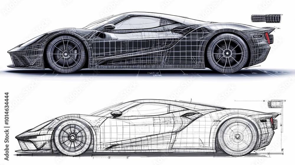 Naklejka premium set of racing car line art draw blueprint wireframe from all side view. isolated on transparent background