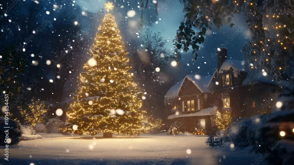 Grand Christmas tree bathed in glittering lights in snowy landscape, frosty snowflakes drifting, creating a serene winter wonderland. Grand Christmas tree bathed in glittering lights in snowy landscape, frosty snowflakes drifting, creating a serene winter wonderland.
