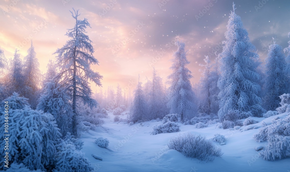 Fototapeta premium Snowy forest scene at sunrise.