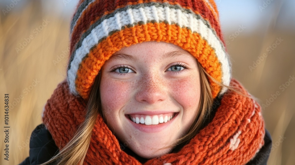 Smiling Girl in Warm Winter Attire with Orange Knit Hat and Scarf in Outdoor Setting, AI Smiling Girl in Warm Winter Attire with Orange Knit Hat and Scarf in Outdoor Setting, AI