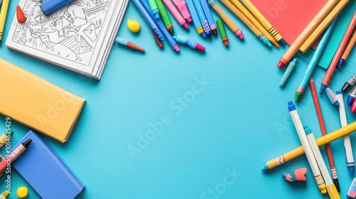 Crayons and coloring books scattered on a child s desk, 3D illustration