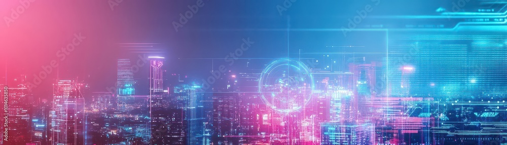 Futuristic cityscape, gradient sky transition, neonlit skyline, holographic tech elements Futuristic cityscape, gradient sky transition, neonlit skyline, holographic tech elements