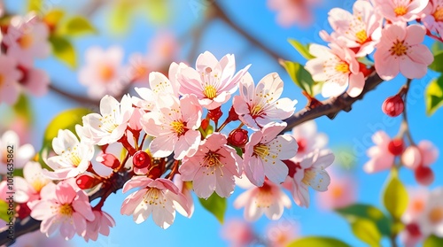 Pink cherry tree blossom flowers blooming in spring, easter time against a natural sunny blurred garden banner background of blue, yellow and white bokeh