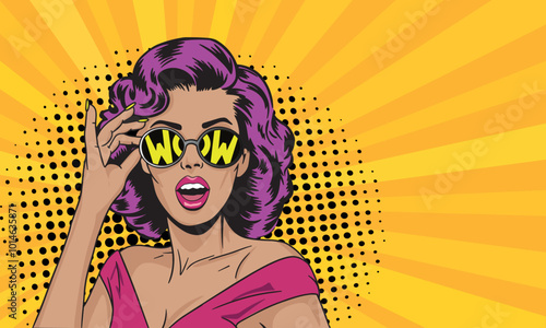 Sexy woman with pink hair and open mute in sunglasses with the description "Wow." Vector illustration of pop art style