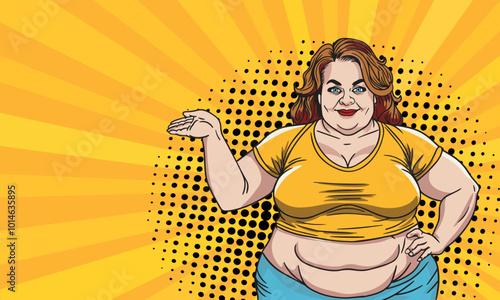 Plus size women pop art illustration. Beautiful stylish plump girl on a comic pop art background.