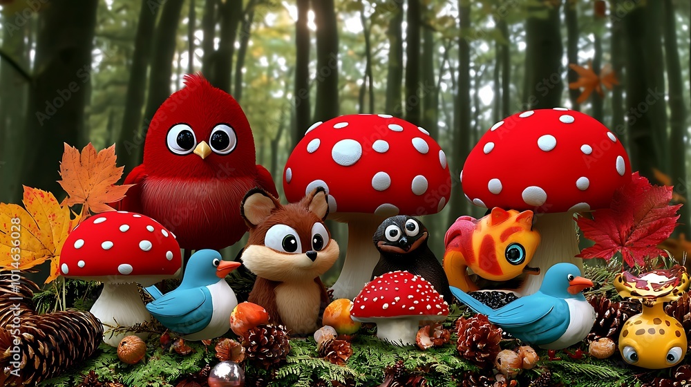 Fototapeta premium Cute Cartoon Animals in Autumn Forest with Mushrooms
