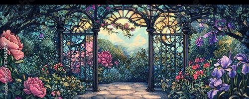 Peony and iris garden featuring an Art Nouveau pergola with ornate ironwork and stained glass.