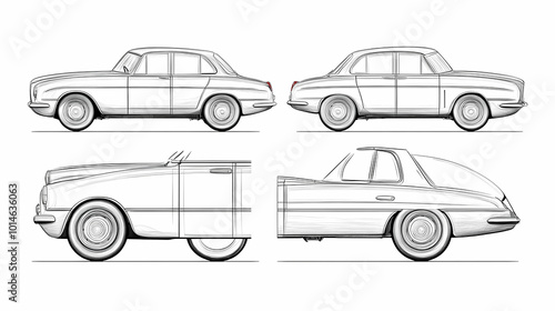 Retro sport car. Hand drawn car front back top and side view. Vector illustration