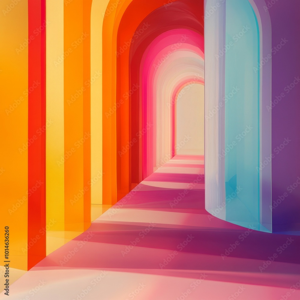 Fototapeta premium A long hallway with a rainbow of colors. The colors are bright and vibrant