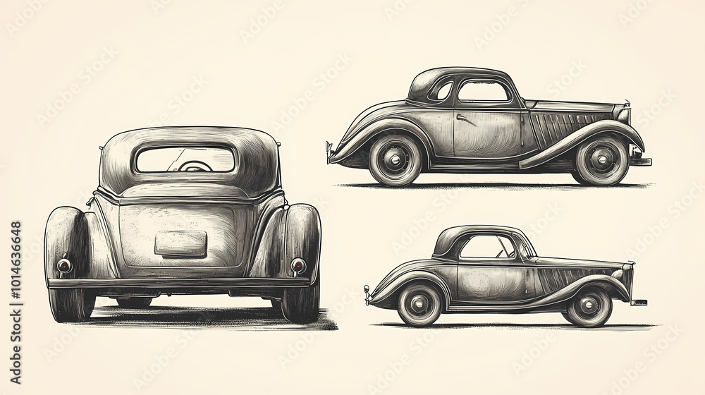 Retro sport car. Hand drawn car front back top and side view. Vector illustration Retro sport car. Hand drawn car front back top and side view. Vector illustration