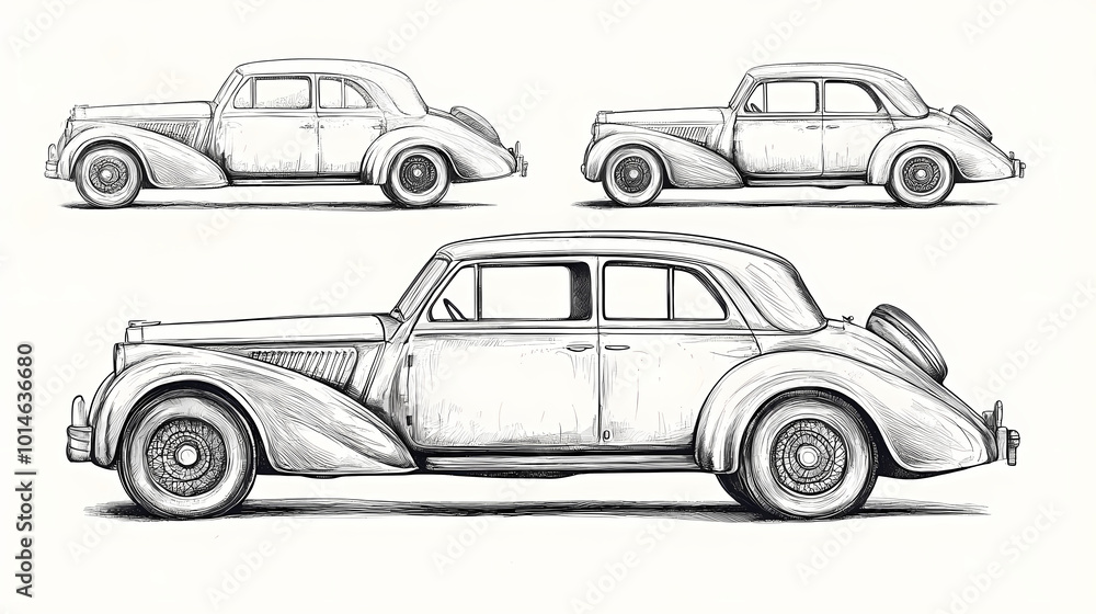 Retro sport car. Hand drawn car front back top and side view. Vector illustration Retro sport car. Hand drawn car front back top and side view. Vector illustration