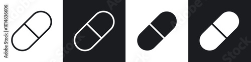 Pill icons set. filled and line illustration