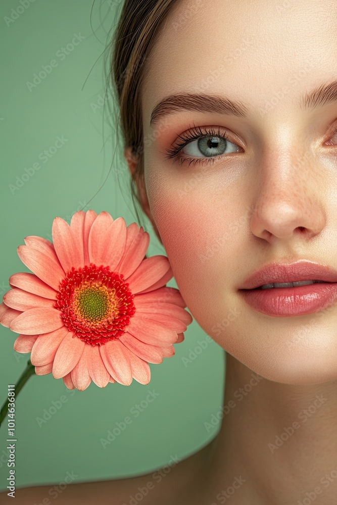 Portrait of a beautiful young woman with smooth, flawless skin and a gerbera flower on a green background. Natural female beauty concept. Portrait of a beautiful young woman with smooth, flawless skin and a gerbera flower on a green background. Natural female beauty concept.
