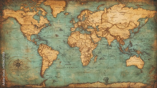 A vintage world map with old ornaments and display settings, symbolizing travel or adventure