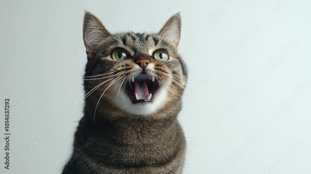 Surprised and angry cat with fur raised, standing against a white background, showing off its expressive, comical face.