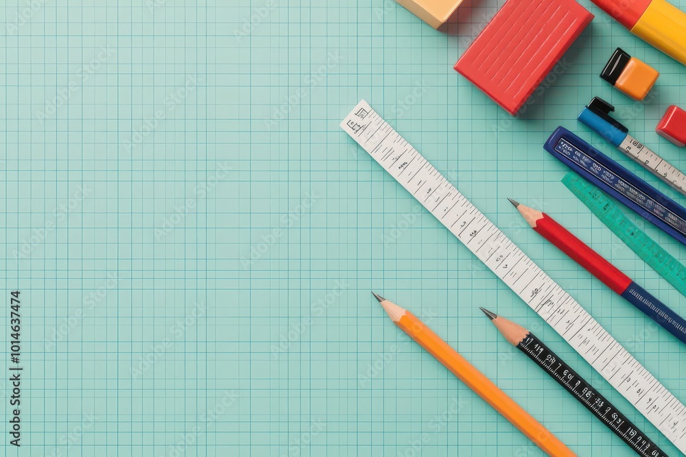 Ruler and geometry set neatly placed on graph paper, precise learning, 3D illustration Ruler and geometry set neatly placed on graph paper, precise learning, 3D illustration