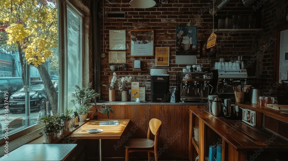 A small coffee shop nook with brick walls, a wood-paneled counter, and cozy seating by the window, natural light streaming in. A small coffee shop nook with brick walls, a wood-paneled counter, and cozy seating by the window, natural light streaming in.