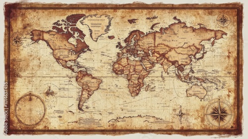 A vintage world map with old ornaments and display settings, symbolizing travel or adventure