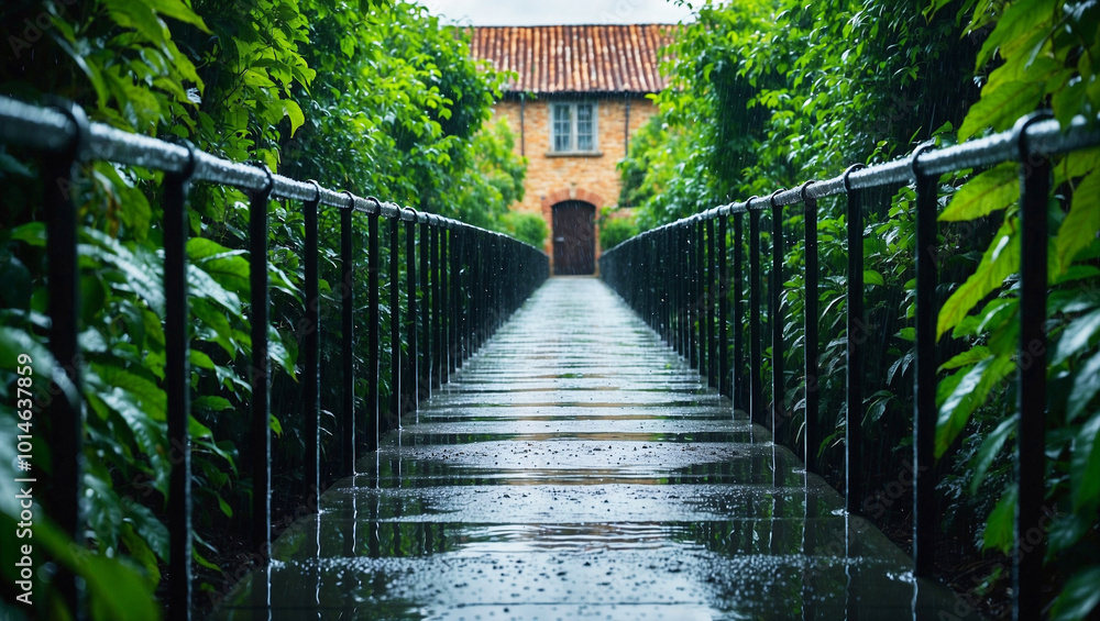 Rain-Soaked Path Leading to a Quaint House, Framed by Lush Greenery and Reflective Wet Surface Rain-Soaked Path Leading to a Quaint House, Framed by Lush Greenery and Reflective Wet Surface