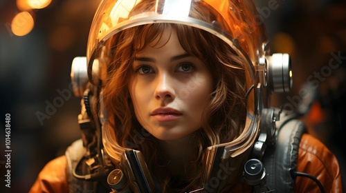 Futuristic Dreamscape with Girl Wearing Astronaut Helmet photo