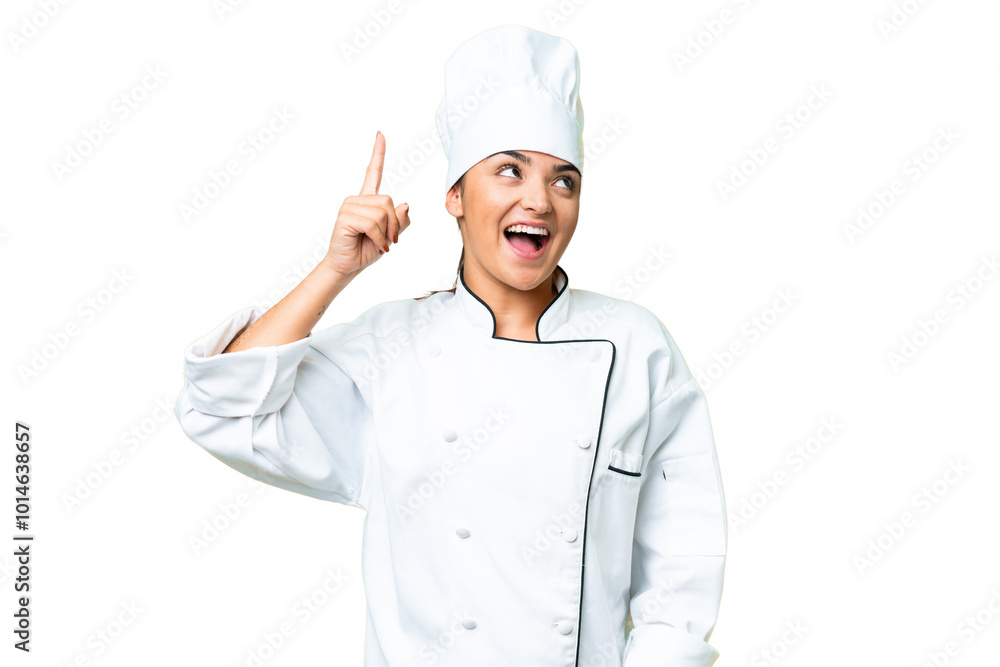 Young woman Chef over isolated chroma key background intending to realizes the solution while lifting a finger up Young woman Chef over isolated chroma key background intending to realizes the solution while lifting a finger up