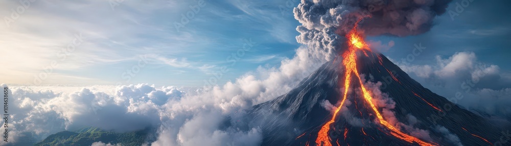 Fototapeta premium Volcanic eruption with lava flowing down a mountain, ash clouds filling the sky, glowing molten rock, intense heat, photorealistic, high contrast