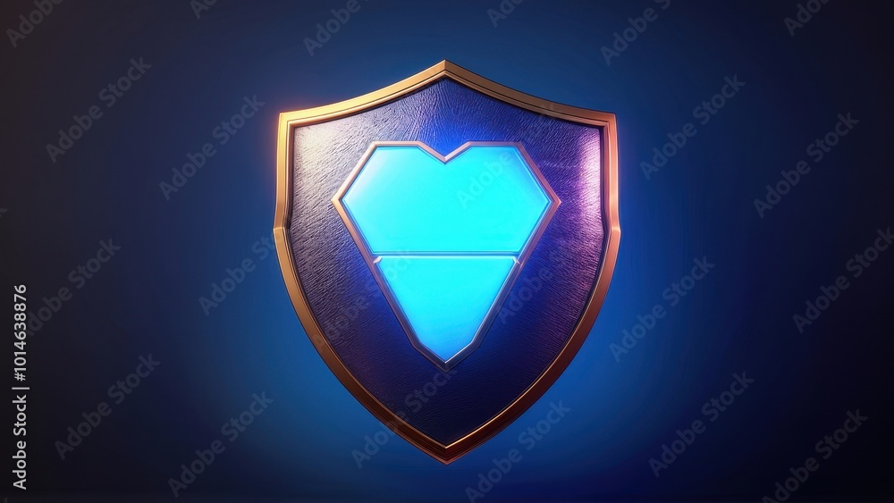 A stylized shield featuring a heart symbol, glowing in blue against a dark background. A stylized shield featuring a heart symbol, glowing in blue against a dark background.